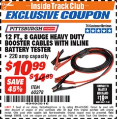 Harbor Freight ITC Coupon 12 FT. 8 GAUGE HEAVY DUTY BOOSTER CABLES WITH INLINE BATTERY TESTER Lot No. 60278/68701 Expired: 12/31/18 - $10.99