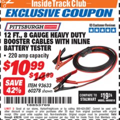 Harbor Freight ITC Coupon 12 FT. 8 GAUGE HEAVY DUTY BOOSTER CABLES WITH INLINE BATTERY TESTER Lot No. 60278/68701 Expired: 4/30/19 - $10.99