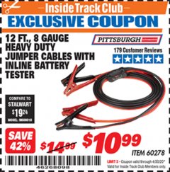Harbor Freight ITC Coupon 12 FT. 8 GAUGE HEAVY DUTY BOOSTER CABLES WITH INLINE BATTERY TESTER Lot No. 60278/68701 Expired: 4/30/20 - $10.99