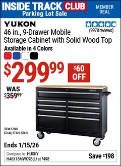 Harbor Freight ITC Coupon YUKON 46 IN., 9-DRAWER MOBILE STORAGE CABINET WITH SOLID WOOD TOP, BLACK Lot No. 56613/57439/57440/57805 Expired: 1/15/26 - $299.99