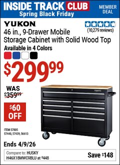 Harbor Freight ITC Coupon YUKON 46 IN., 9-DRAWER MOBILE STORAGE CABINET WITH SOLID WOOD TOP Lot No. 56613/57439/57440/57805 Valid Thru: 4/9/26 - $299.99