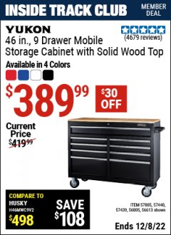 Harbor Freight ITC Coupon YUKON 46 IN. 9-DRAWER MOBILE STORAGE CABINET WITH SOLID WOOD TOP Lot No. 56613/57439/57440/57805 Expired: 12/8/22 - $389.99