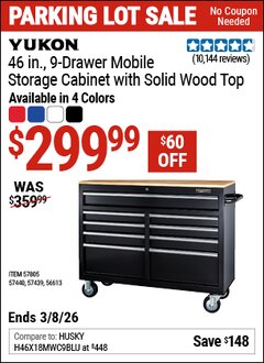 Harbor Freight Coupon YUKON 46 IN., 9-DRAWER MOBILE STORAGE CABINET WITH SOLID WOOD TOP, BLACK Lot No. 56613/57439/57440/57805 Expired: 3/8/26 - $299.99