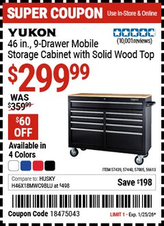 Harbor Freight Coupon YUKON 46 IN., 9-DRAWER MOBILE STORAGE CABINET WITH SOLID WOOD TOP, BLACK Lot No. 56613/57439/57440/57805 Expired: 1/25/26 - $299.99