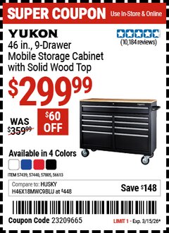 Harbor Freight Coupon YUKON 46 IN., 9-DRAWER MOBILE STORAGE CABINET WITH SOLID WOOD TOP, BLACK Lot No. 56613/57439/57440/57805 Expired: 3/15/26 - $299.99