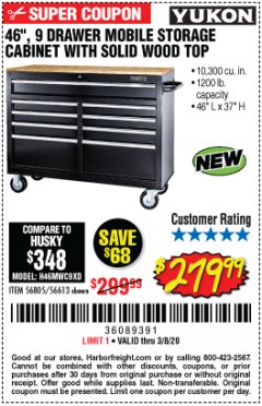 Harbor Freight Coupon YUKON 46 IN. 9-DRAWER MOBILE STORAGE CABINET WITH SOLID WOOD TOP Lot No. 56613/57439/57440/57805 Expired: 2/8/20 - $279.99