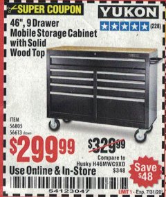 Harbor Freight Coupon YUKON 46 IN. 9-DRAWER MOBILE STORAGE CABINET WITH SOLID WOOD TOP Lot No. 56613/57439/57440/57805 Expired: 7/31/20 - $299.99