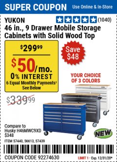Harbor Freight Coupon YUKON 46 IN. 9-DRAWER MOBILE STORAGE CABINET WITH SOLID WOOD TOP Lot No. 56613/57439/57440/57805 Expired: 12/31/20 - $299.99
