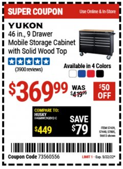 Harbor Freight Coupon YUKON 46 IN. 9-DRAWER MOBILE STORAGE CABINET WITH SOLID WOOD TOP Lot No. 56613/57439/57440/57805 Expired: 5/22/22 - $369.99
