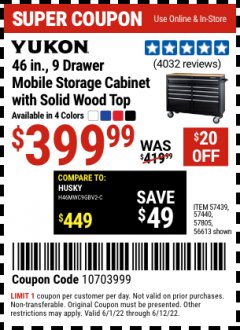 Harbor Freight Coupon YUKON 46 IN. 9-DRAWER MOBILE STORAGE CABINET WITH SOLID WOOD TOP Lot No. 56613/57439/57440/57805 Expired: 6/12/22 - $399.99