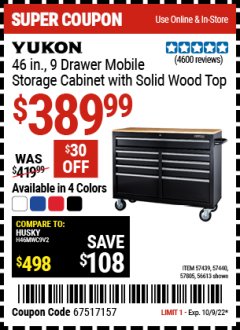Harbor Freight Coupon YUKON 46", 9 DRAWER MOBILE STORAGE CABINET WITH SOLID WOOD TOP Lot No. 56613/57805/57440/57439 Expired: 10/9/22 - $389.99