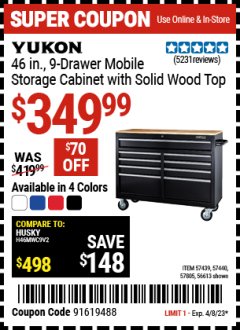 Harbor Freight Coupon YUKON 46 IN. 9-DRAWER MOBILE STORAGE CABINET WITH SOLID WOOD TOP Lot No. 56613/57439/57440/57805 Expired: 4/8/23 - $349.99