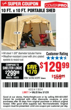 Harbor Freight Coupon 10 FT. X 10 FT. PORTABLE SHED Lot No. 56184/63297 Expired: 3/1/20 - $129.99