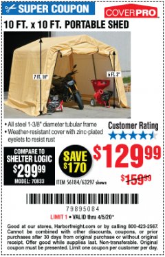 Harbor Freight Coupon 10 FT. X 10 FT. PORTABLE SHED Lot No. 56184/63297 Expired: 6/30/20 - $129.99