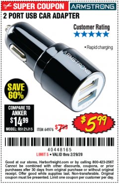Harbor Freight Coupon 2 PORT USB CAR ADAPTER Lot No. 64976 Expired: 2/29/20 - $5.99