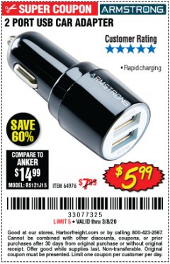 Harbor Freight Coupon 2 PORT USB CAR ADAPTER Lot No. 64976 Expired: 2/8/20 - $5.99