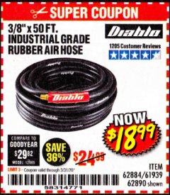 Harbor Freight Coupon 3/8" X 50 FT. INDUSTRIAL GRADE RUBBER AIR HOSE Lot No. 61939/62884/62890 Expired: 3/31/20 - $18.99