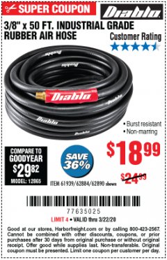 Harbor Freight Coupon 3/8" X 50 FT. INDUSTRIAL GRADE RUBBER AIR HOSE Lot No. 61939/62884/62890 Expired: 3/22/20 - $18.99