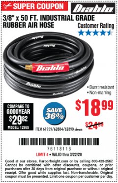Harbor Freight Coupon 3/8" X 50 FT. INDUSTRIAL GRADE RUBBER AIR HOSE Lot No. 61939/62884/62890 Expired: 3/22/20 - $18.99