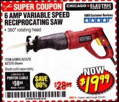 Harbor Freight Coupon 6 AMP VARIABLE SPEED RECIPROCATING SAW Lot No. 65570/61884/62370 Expired: 3/31/20 - $19.99