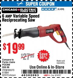 Harbor Freight Coupon 6 AMP VARIABLE SPEED RECIPROCATING SAW Lot No. 65570/61884/62370 Expired: 8/16/20 - $19.99