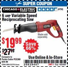 Harbor Freight Coupon 6 AMP VARIABLE SPEED RECIPROCATING SAW Lot No. 65570/61884/62370 Expired: 10/23/20 - $19.99