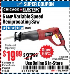 Harbor Freight Coupon 6 AMP VARIABLE SPEED RECIPROCATING SAW Lot No. 65570/61884/62370 Expired: 11/6/20 - $19.99
