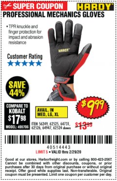 Harbor Freight Coupon PROFESSIONAL MECHANICS GLOVES Lot No. 56249/62525/64731/62526/64947/62524 Expired: 2/29/20 - $9.99
