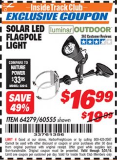 Harbor Freight ITC Coupon SOLAR FLAGPOLE LIGHT Lot No. 60555/67439 Expired: 5/31/19 - $16.99