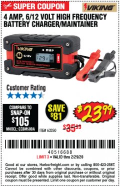 Harbor Freight Coupon 4 AMP, 6/12 VOLT HIGH FREQUENCY BATTERY CHARGER/MAINTAINER Lot No. 63350 Expired: 2/29/20 - $23.99