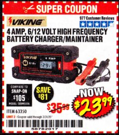 Harbor Freight Coupon 4 AMP, 6/12 VOLT HIGH FREQUENCY BATTERY CHARGER/MAINTAINER Lot No. 63350 Expired: 3/31/20 - $23.99