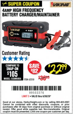 Harbor Freight Coupon 4 AMP, 6/12 VOLT HIGH FREQUENCY BATTERY CHARGER/MAINTAINER Lot No. 63350 Expired: 6/30/20 - $22.99