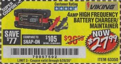 Harbor Freight Coupon 4 AMP, 6/12 VOLT HIGH FREQUENCY BATTERY CHARGER/MAINTAINER Lot No. 63350 Expired: 6/20/20 - $27.99