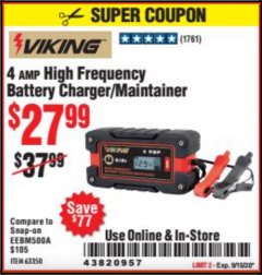 Harbor Freight Coupon 4 AMP, 6/12 VOLT HIGH FREQUENCY BATTERY CHARGER/MAINTAINER Lot No. 63350 Expired: 9/15/20 - $27.99