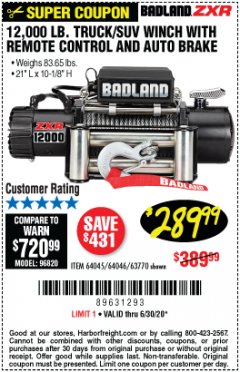 Harbor Freight Coupon 12,000 LB. TRUCK/SUV WINCH WITH REMOTE CONTROL AND AUTO BRAKE Lot No. 64045/64046/63770 Expired: 6/30/20 - $289.99