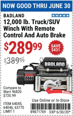 Harbor Freight Coupon 12,000 LB. TRUCK/SUV WINCH WITH REMOTE CONTROL AND AUTO BRAKE Lot No. 64045/64046/63770 Expired: 6/30/20 - $289.99