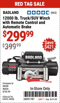 Harbor Freight Coupon 12,000 LB. TRUCK/SUV WINCH WITH REMOTE CONTROL AND AUTO BRAKE Lot No. 64045/64046/63770 Expired: 8/31/20 - $299.99