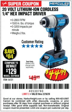 Harbor Freight Coupon 20 VOLT LITHIUM-ION CORDLESS 1/4" HEX IMPACT DRIVER Lot No. 56531 Expired: 2/29/20 - $44.99
