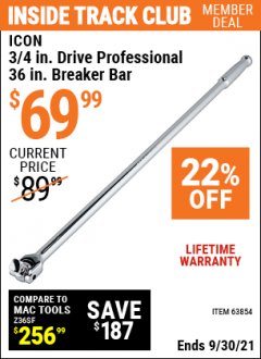 Harbor Freight ITC Coupon ICON 3/4 IN. DRIVE PROFESSIONAL 36 IN. BREAKER BAR Lot No. 63854 Expired: 9/30/21 - $69.99
