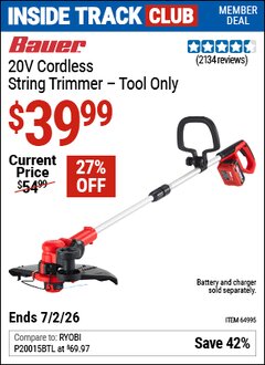 Harbor Freight ITC Coupon BAUER 20V CORDLESS STRING TRIMMER &ndash; TOOL ONLY Lot No. 64995 Dates Valid: 12/31/69 - 7/2/26 - $39.99