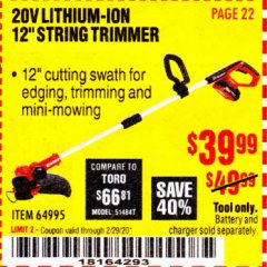 Harbor Freight Coupon BAUER 20V LITHIUM-ION 12" STRING TRIMMER Lot No. 64995 Expired: 2/29/20 - $39.99
