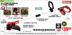 Harbor Freight Coupon BAUER 20V LITHIUM-ION 12" STRING TRIMMER Lot No. 64995 Expired: 3/1/20 - $39.99