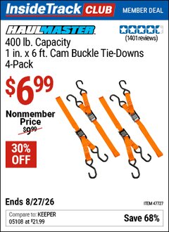 Harbor Freight Coupon HAUL-MASTER 400 LB. CAPACITY, 1 IN. X 6 FT. CAM BUCKLE TIE-DOWNS, 4-PACK Lot No. 47727 Valid: 12/31/69 - 8/27/26 - $6.99
