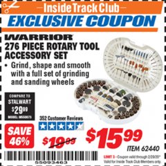 Harbor Freight ITC Coupon WARRIOR ROTARY TOOL ACCESSORY SET, 276-PIECE Lot No. 62440 Expired: 2/29/20 - $15.99