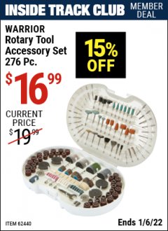 Harbor Freight ITC Coupon WARRIOR ROTARY TOOL ACCESSORY SET, 276-PIECE Lot No. 62440 Expired: 1/6/22 - $16.99