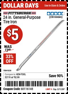 Harbor Freight Coupon PITTSBURGH 24 IN. GENERAL-PURPOSE TIRE IRON Lot No. 93230 Expired: 3/11/26 - $5