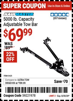 Harbor Freight Coupon HAUL-MASTER 5000 LB. CAPACITY ADJUSTABLE TOW BAR Lot No. 61625/94696 Valid Thru: 8/30/26 - $69.99