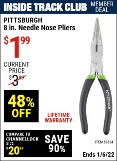 Harbor Freight ITC Coupon 8" NEEDLE NOSE PLIERS Lot No. 63824 Expired: 1/6/22 - $1.99