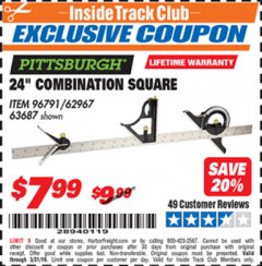 Harbor Freight ITC Coupon 24" COMBINATION SQUARE Lot No. 96791 Expired: 3/31/19 - $7.99