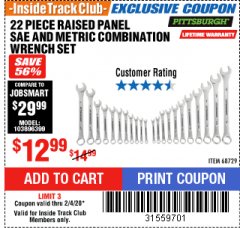 Harbor Freight ITC Coupon 22 PC RAISED PANEL SAE & METRIC COMBINATION WRENCH SET Lot No. 68729 Expired: 2/4/20 - $12.99